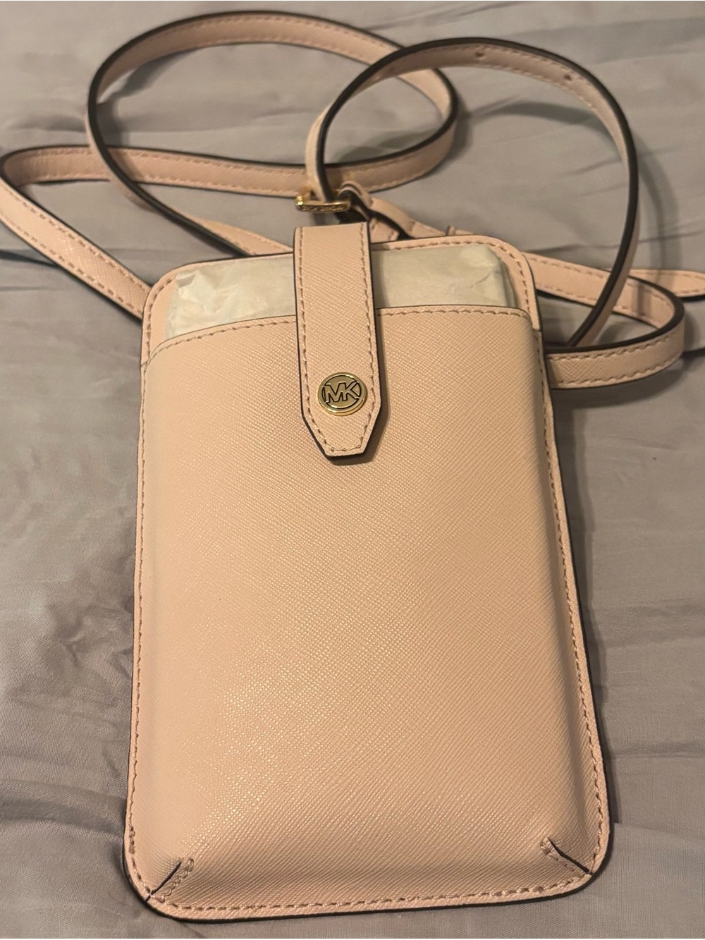 Michael Kors Pale Pink Leather Crossbody Phone Pouch with Gold Logo